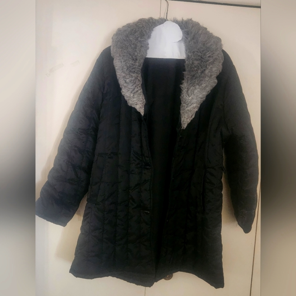 Women's Black Quilted Coat with Gray Faux Fur Collar